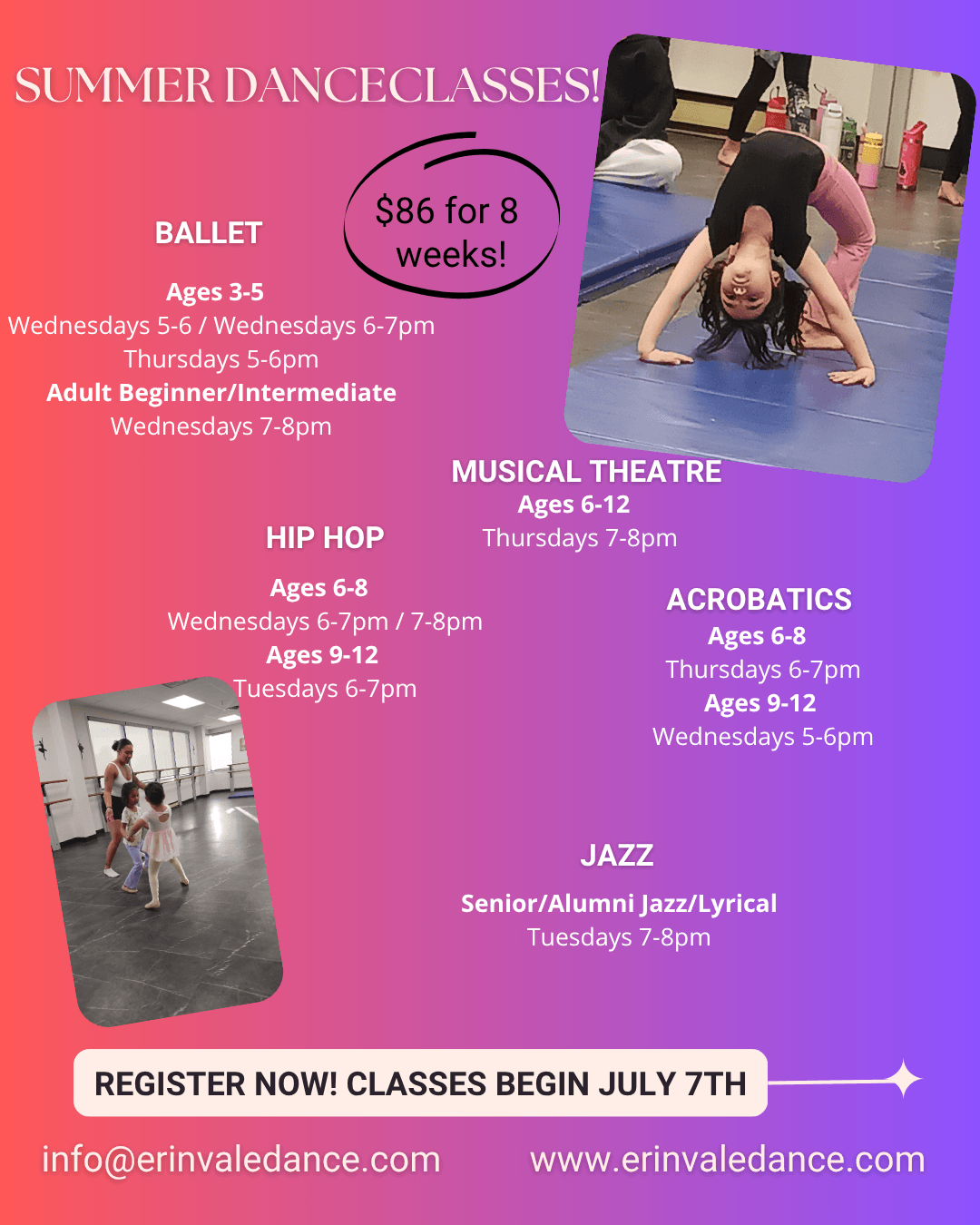 Erinvale Summer 2026 dance class schedule poster